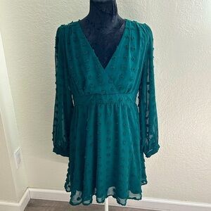 Lulus Always on Repeat Emerald Green Clip Dot Long Sleeve Mini Dress